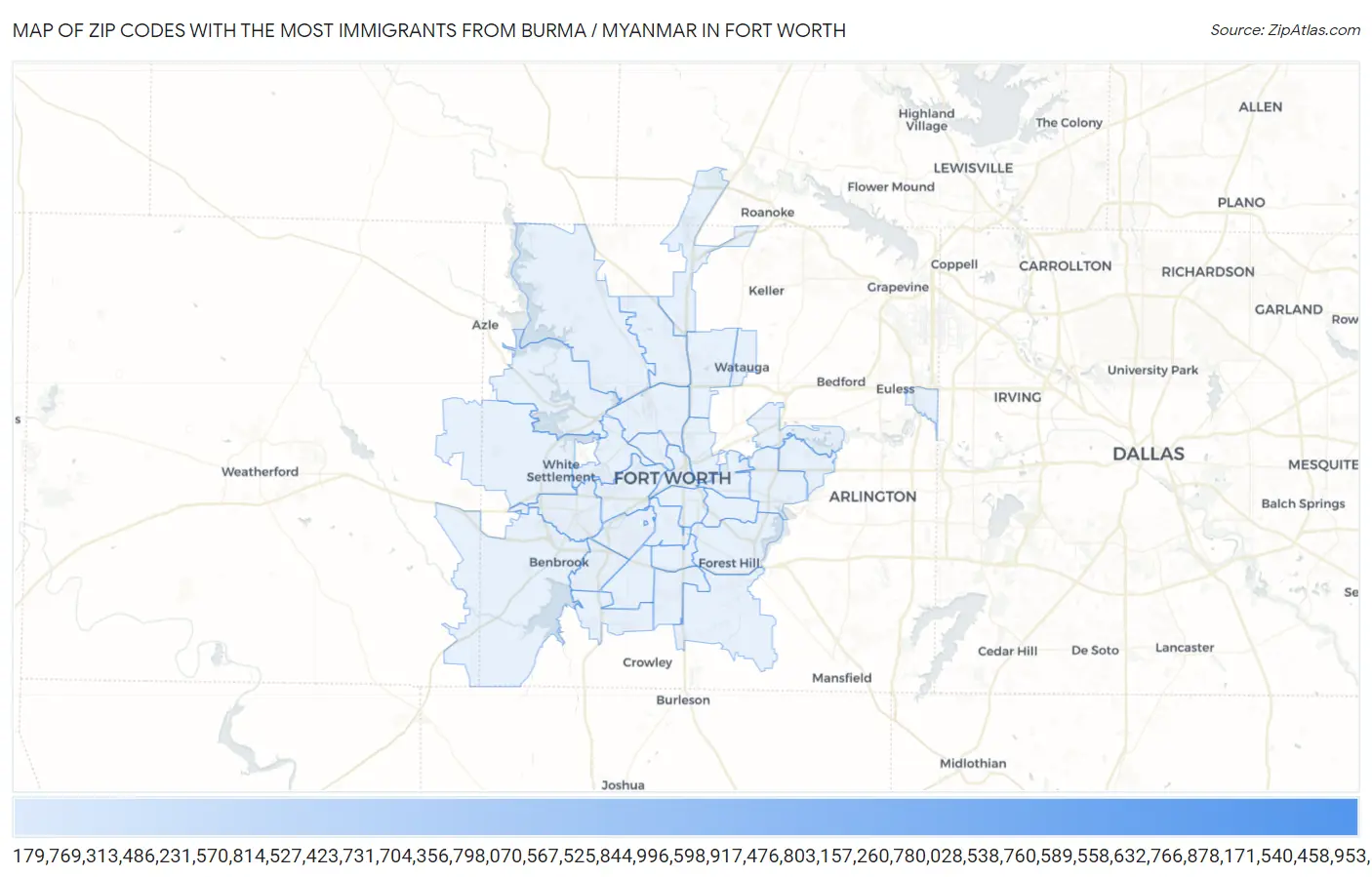 Zip Codes with the Most Immigrants from Burma / Myanmar in Fort Worth Map