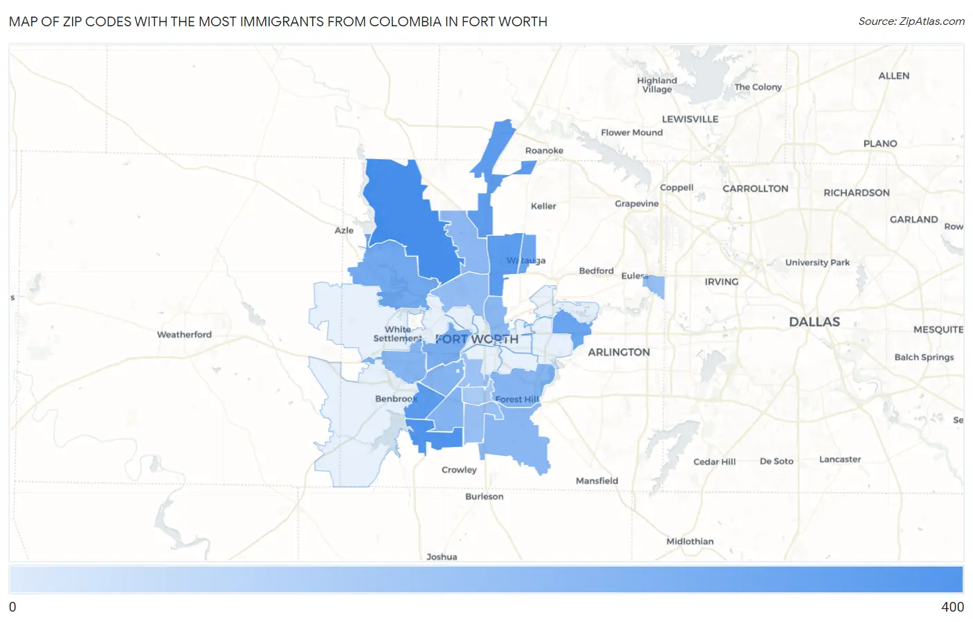 Zip Codes with the Most Immigrants from Colombia in Fort Worth Map