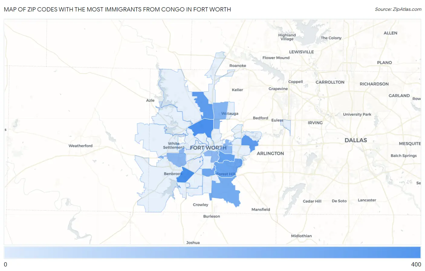 Zip Codes with the Most Immigrants from Congo in Fort Worth Map