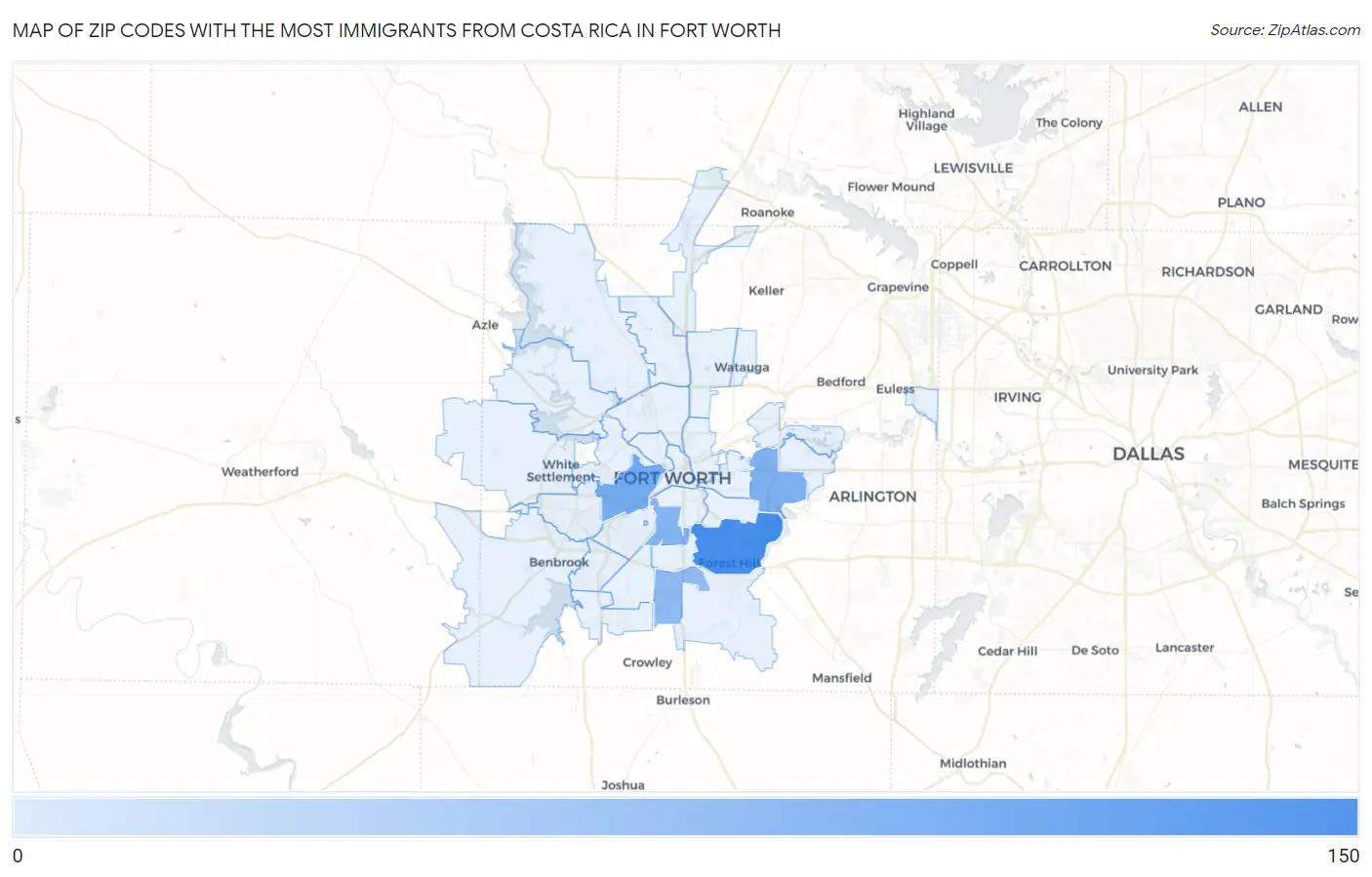 Zip Codes with the Most Immigrants from Costa Rica in Fort Worth Map