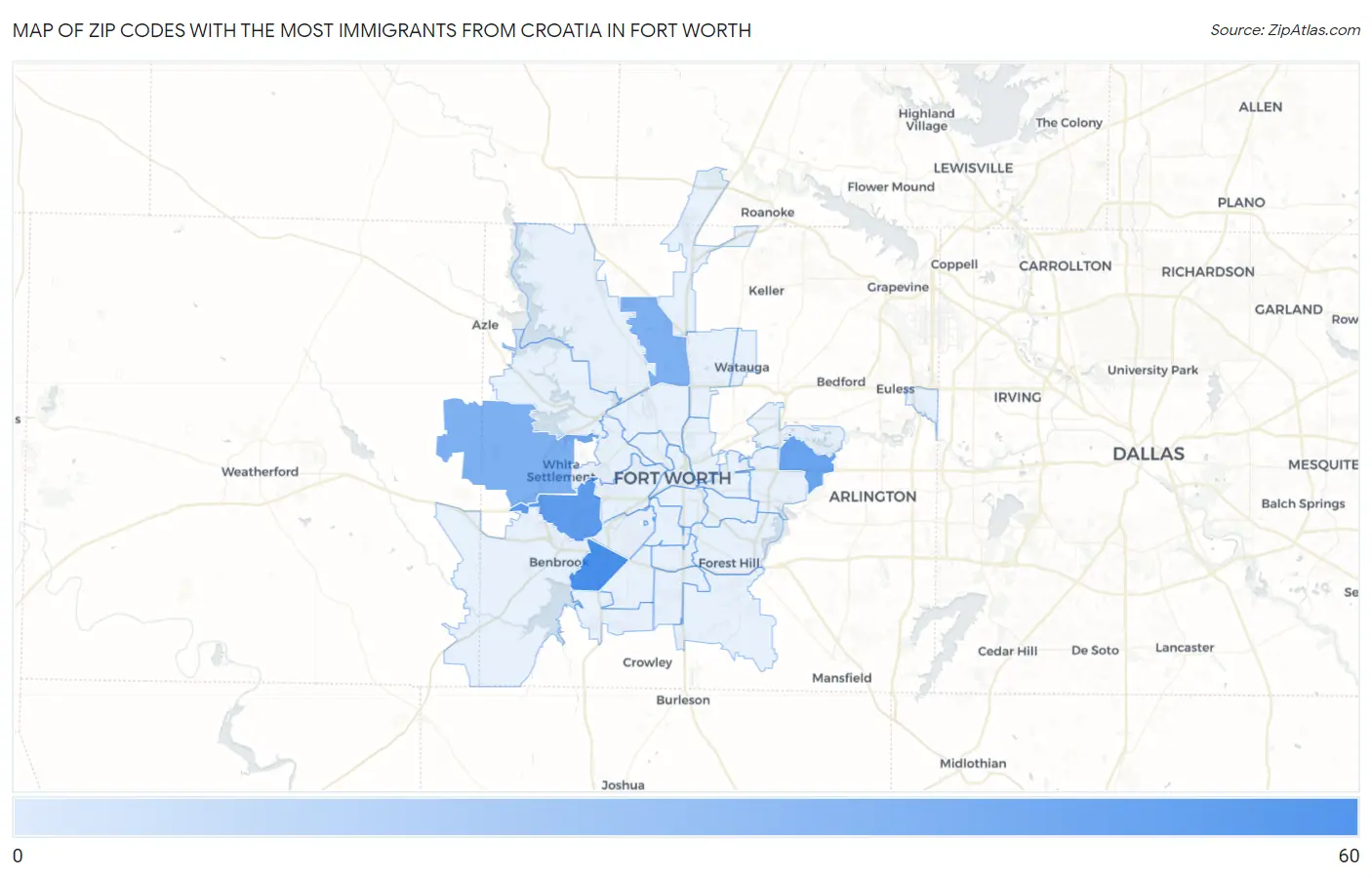 Zip Codes with the Most Immigrants from Croatia in Fort Worth Map