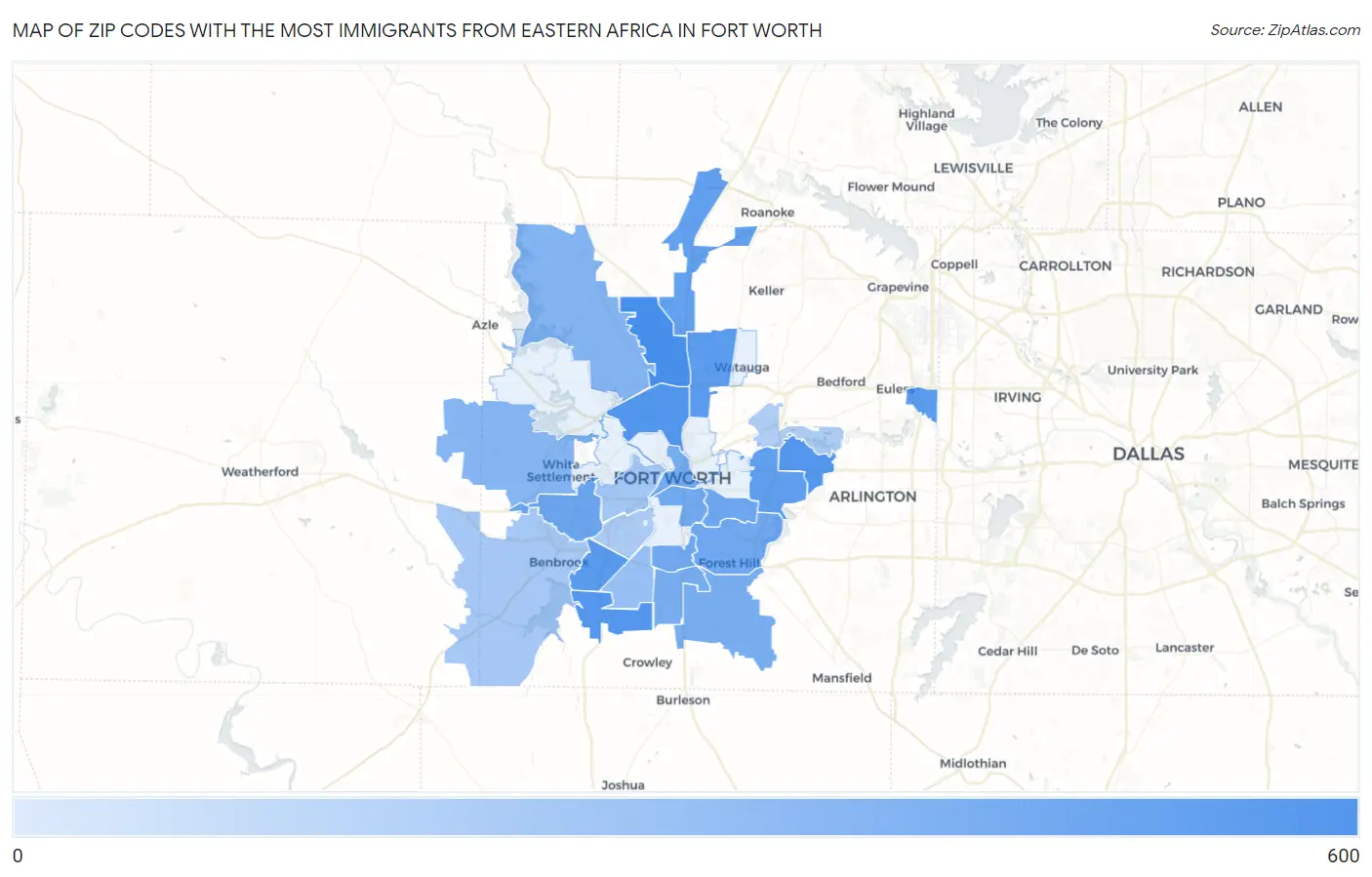 Zip Codes with the Most Immigrants from Eastern Africa in Fort Worth Map