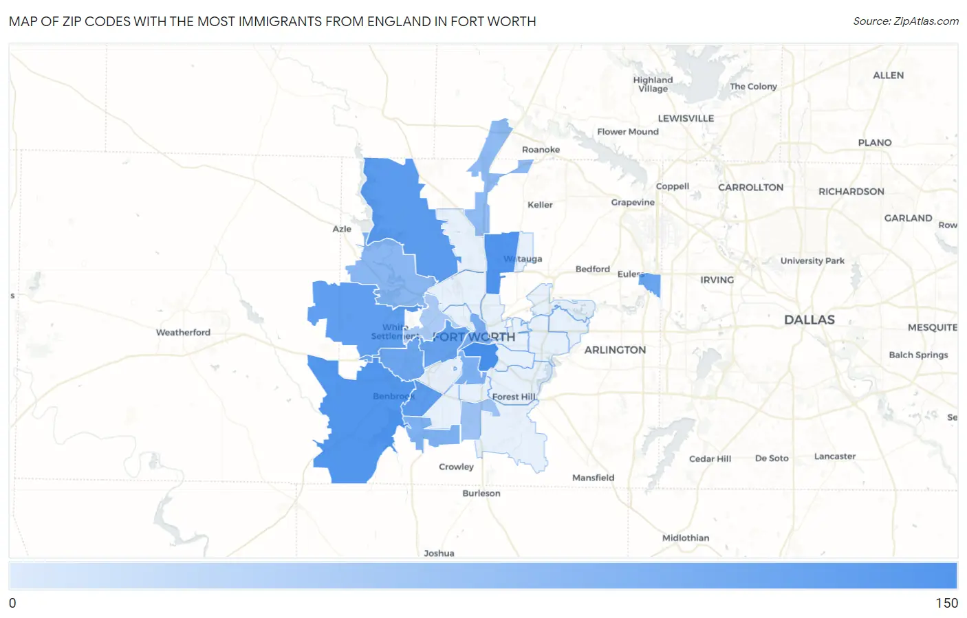 Zip Codes with the Most Immigrants from England in Fort Worth Map