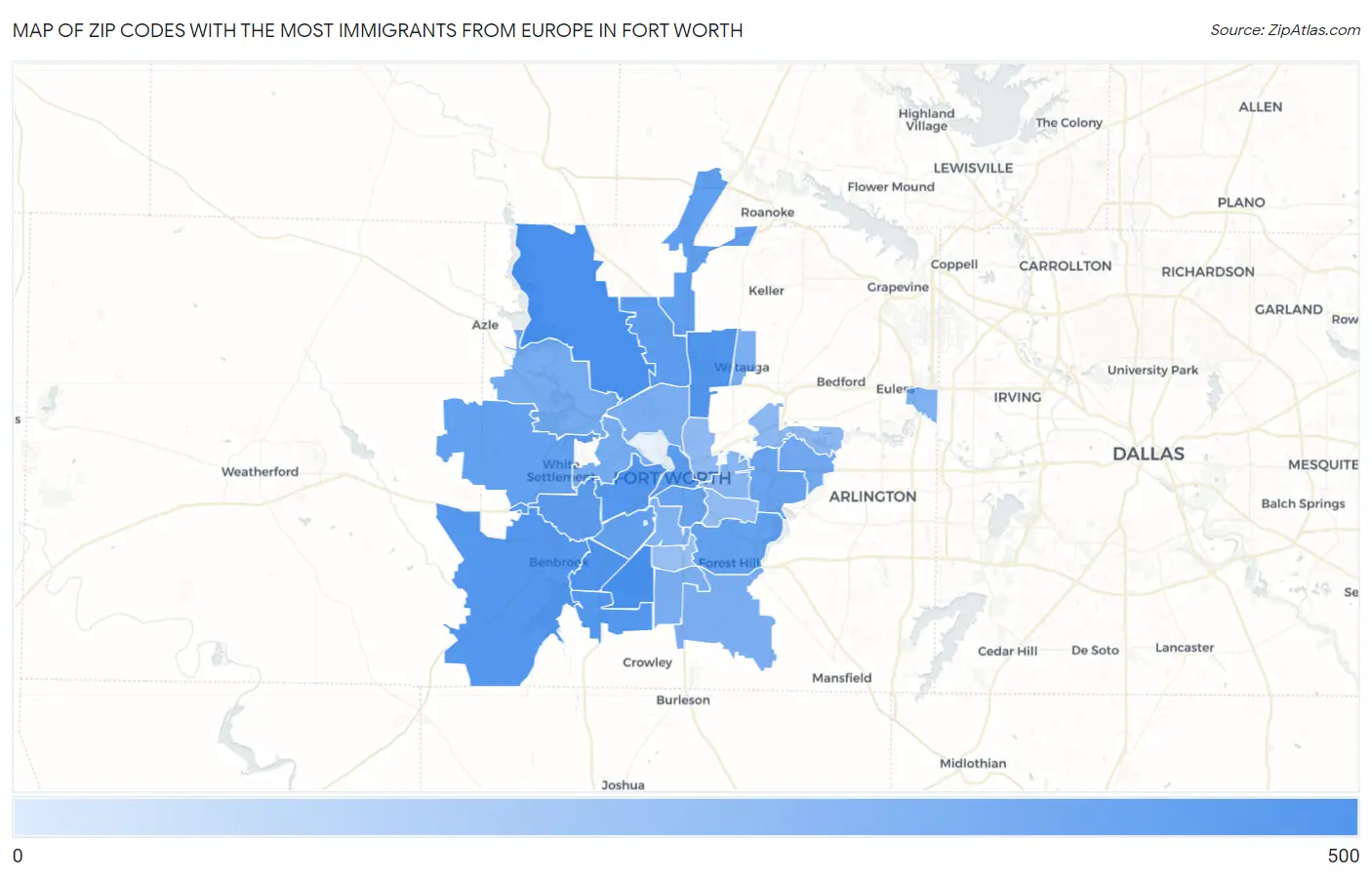 Zip Codes with the Most Immigrants from Europe in Fort Worth Map