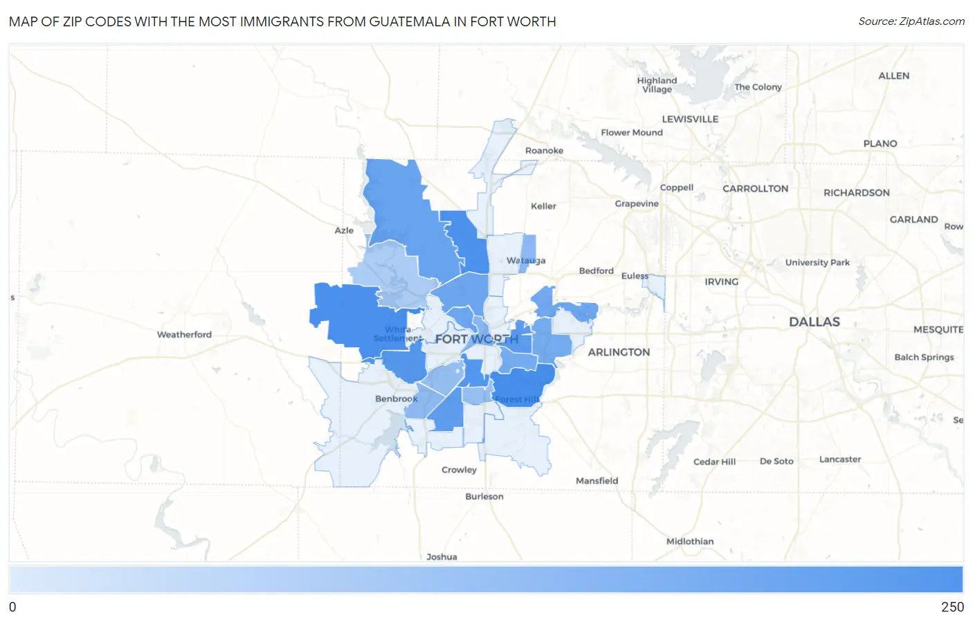 Zip Codes with the Most Immigrants from Guatemala in Fort Worth Map