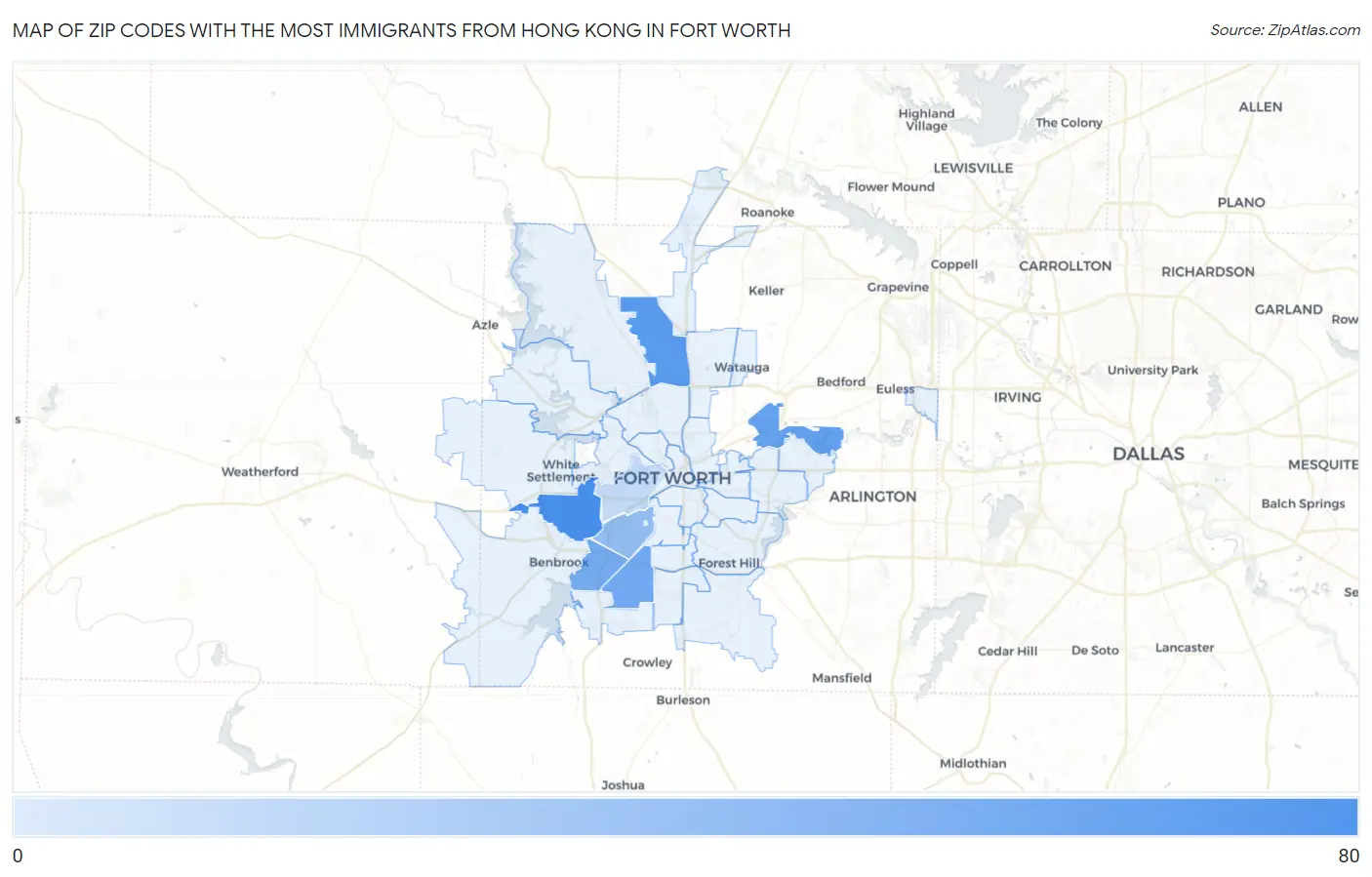 Zip Codes with the Most Immigrants from Hong Kong in Fort Worth Map