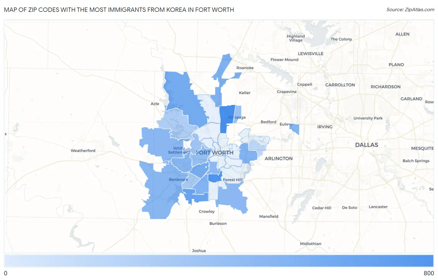 Zip Codes with the Most Immigrants from Korea in Fort Worth Map