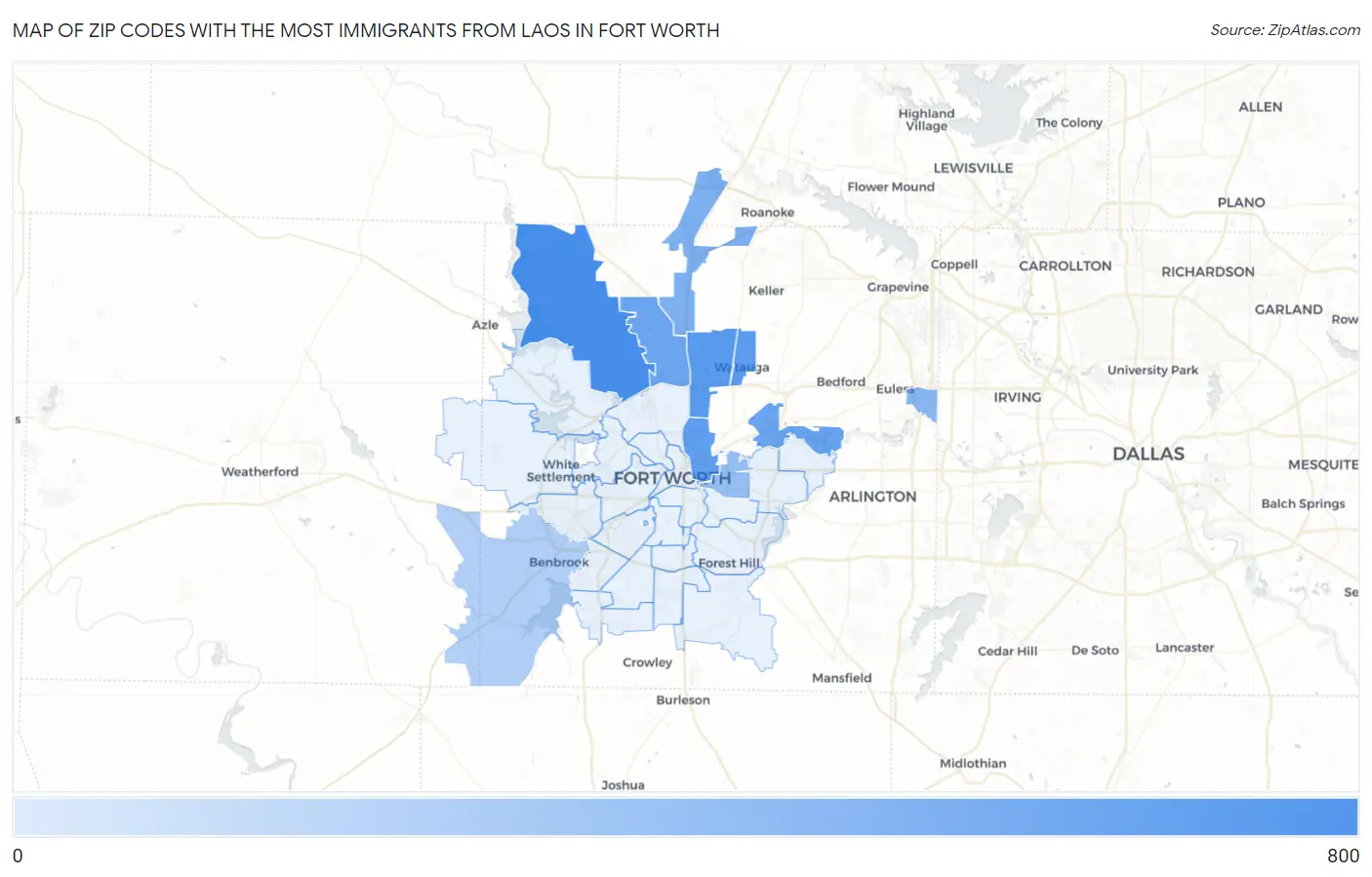 Zip Codes with the Most Immigrants from Laos in Fort Worth Map