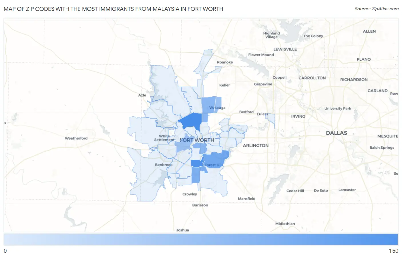 Zip Codes with the Most Immigrants from Malaysia in Fort Worth Map