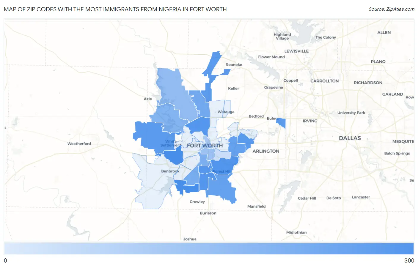 Zip Codes with the Most Immigrants from Nigeria in Fort Worth Map
