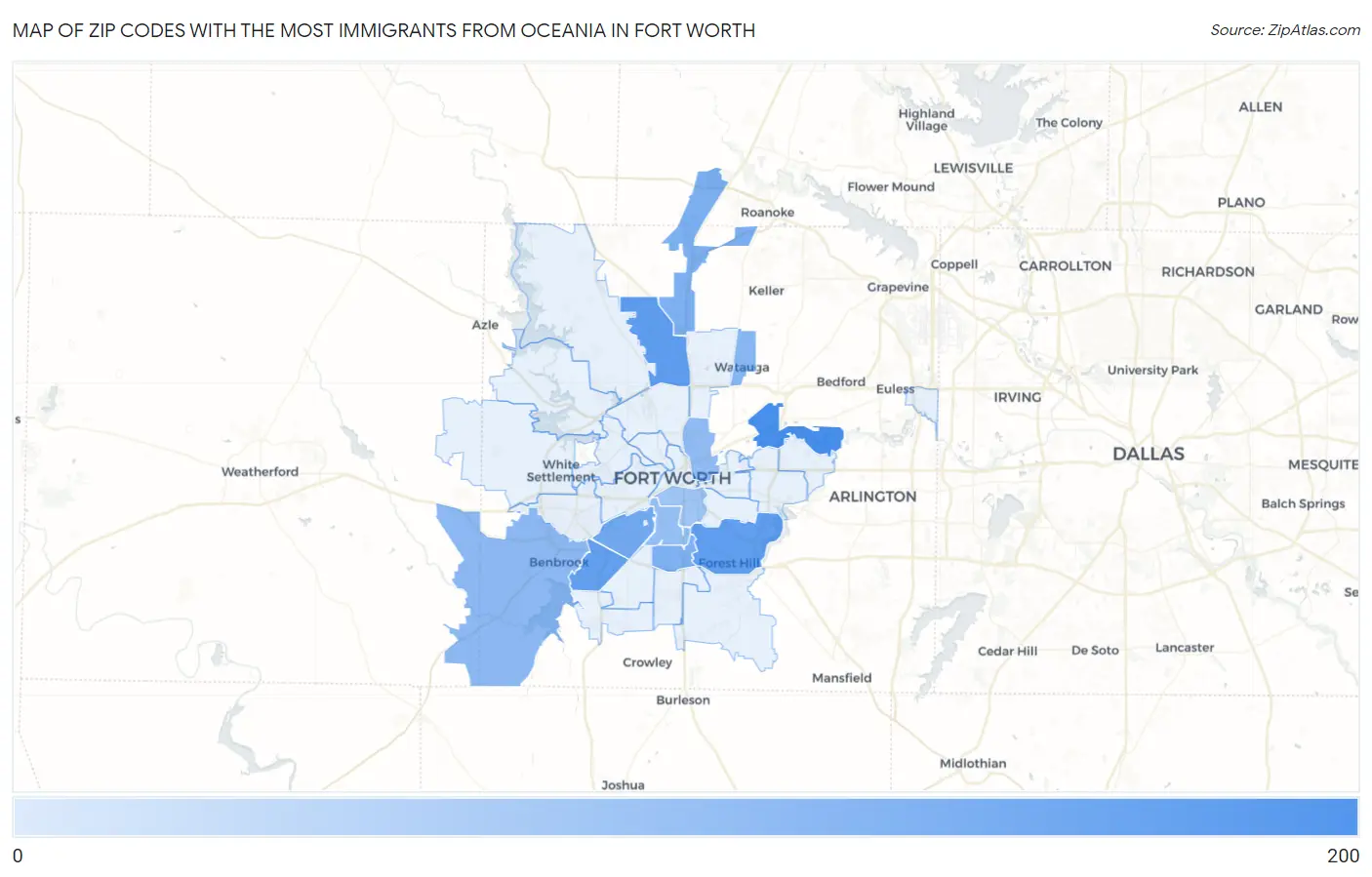 Zip Codes with the Most Immigrants from Oceania in Fort Worth Map