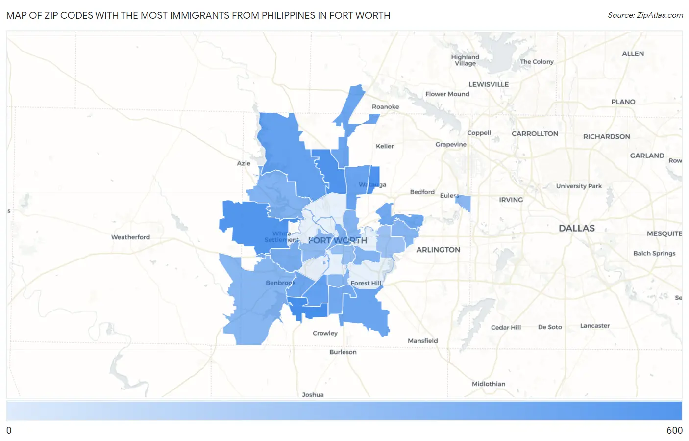 Zip Codes with the Most Immigrants from Philippines in Fort Worth Map