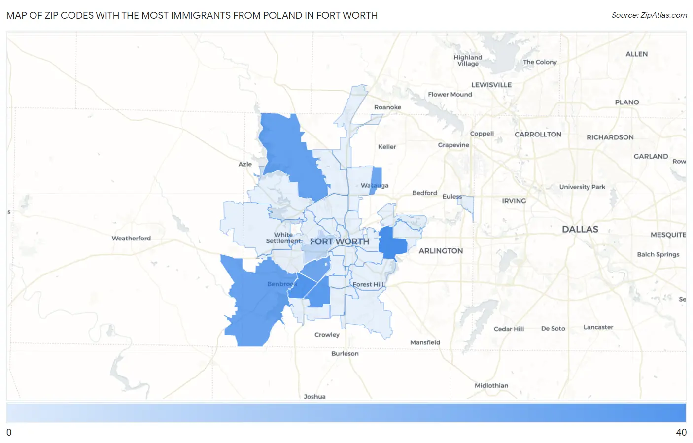 Zip Codes with the Most Immigrants from Poland in Fort Worth Map
