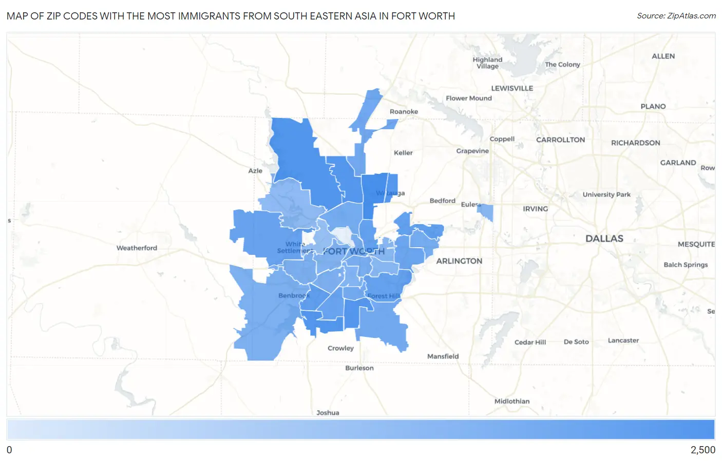Zip Codes with the Most Immigrants from South Eastern Asia in Fort Worth Map