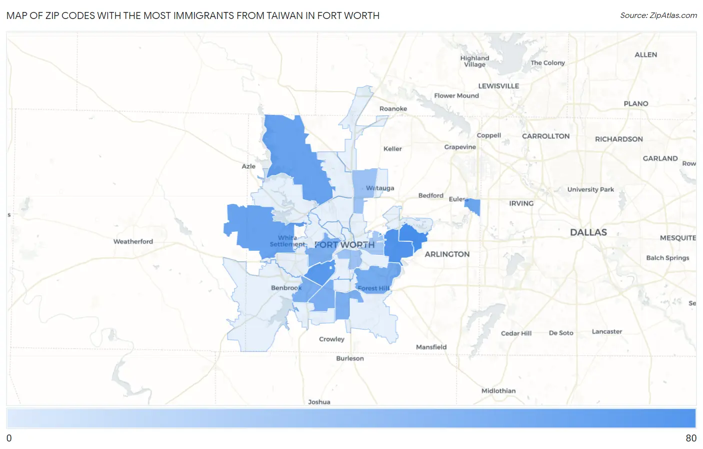 Zip Codes with the Most Immigrants from Taiwan in Fort Worth Map