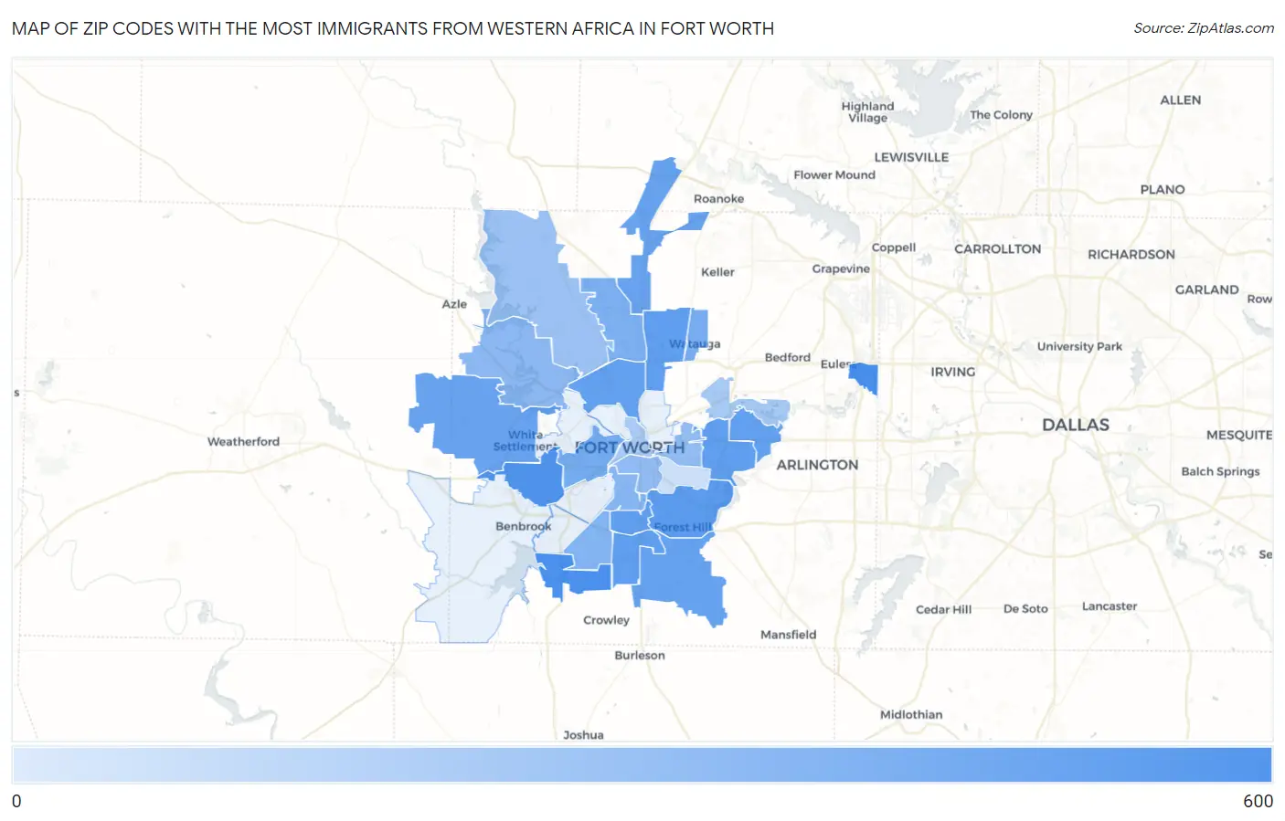 Zip Codes with the Most Immigrants from Western Africa in Fort Worth Map