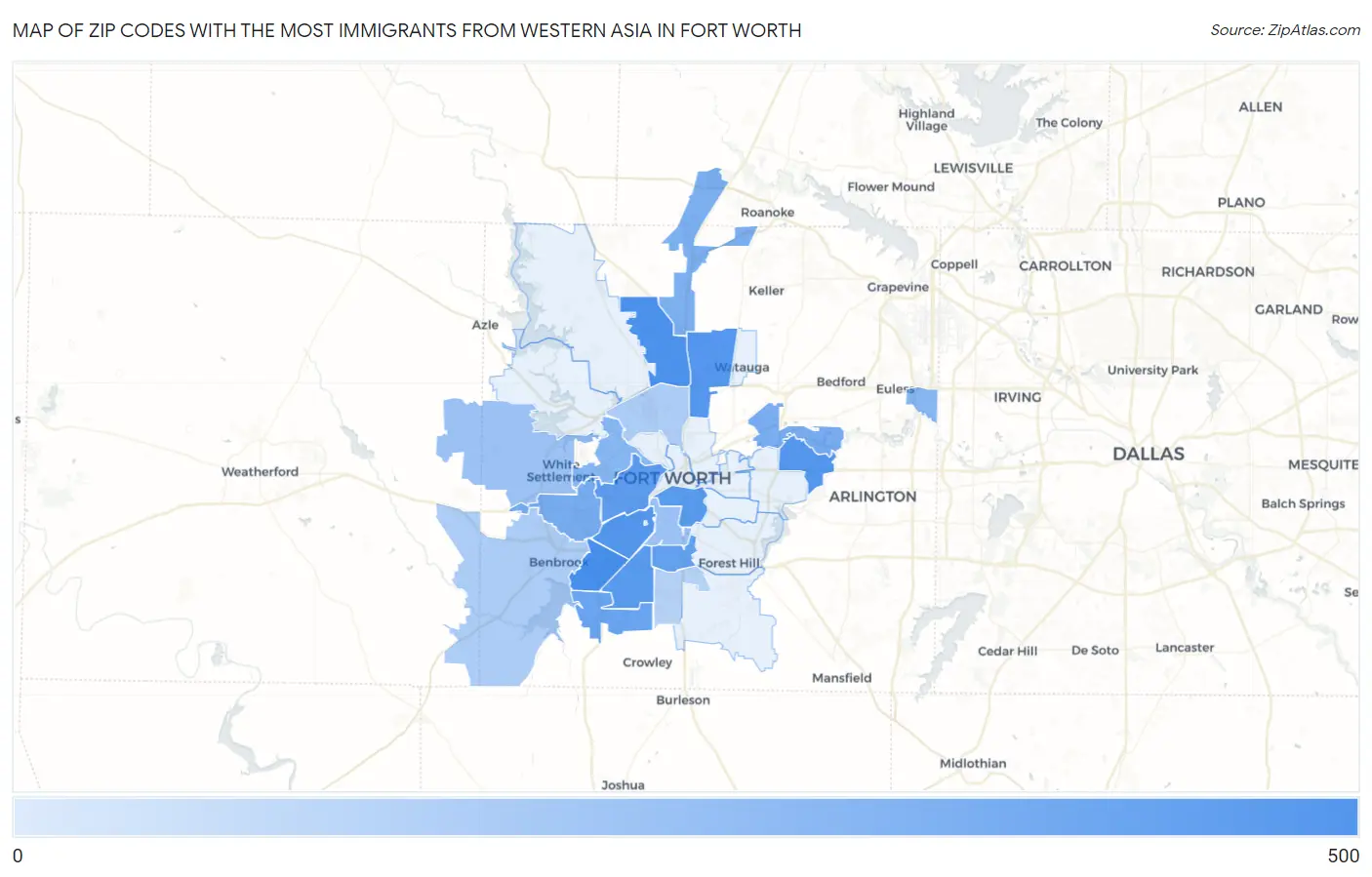 Zip Codes with the Most Immigrants from Western Asia in Fort Worth Map