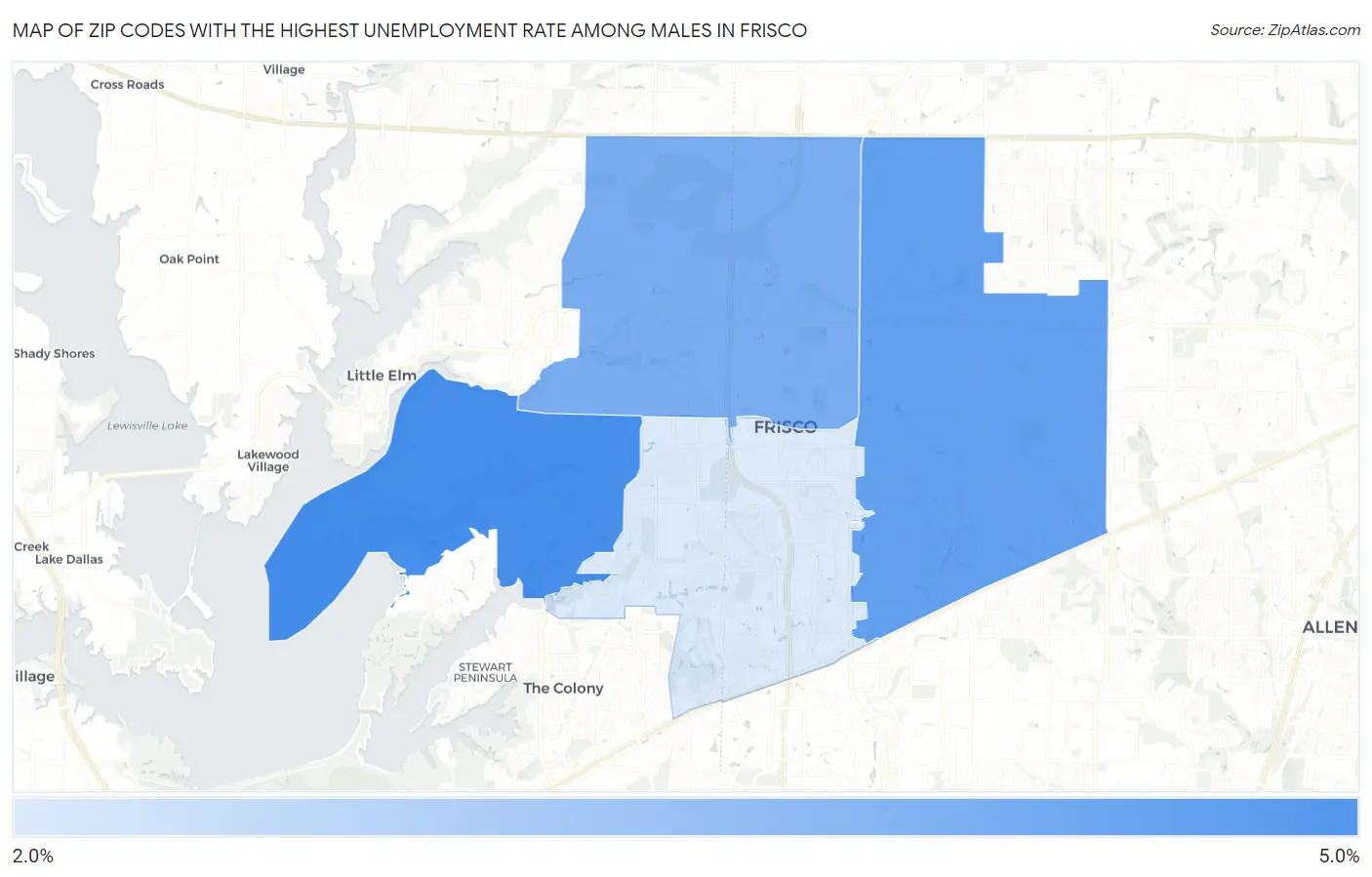 Zip Codes with the Highest Unemployment Rate Among Males in Frisco Map