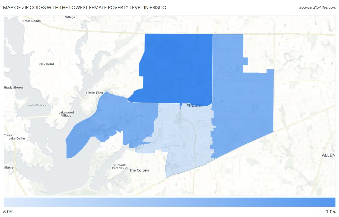 Zip Codes with the Lowest Female Poverty Level in Frisco Map