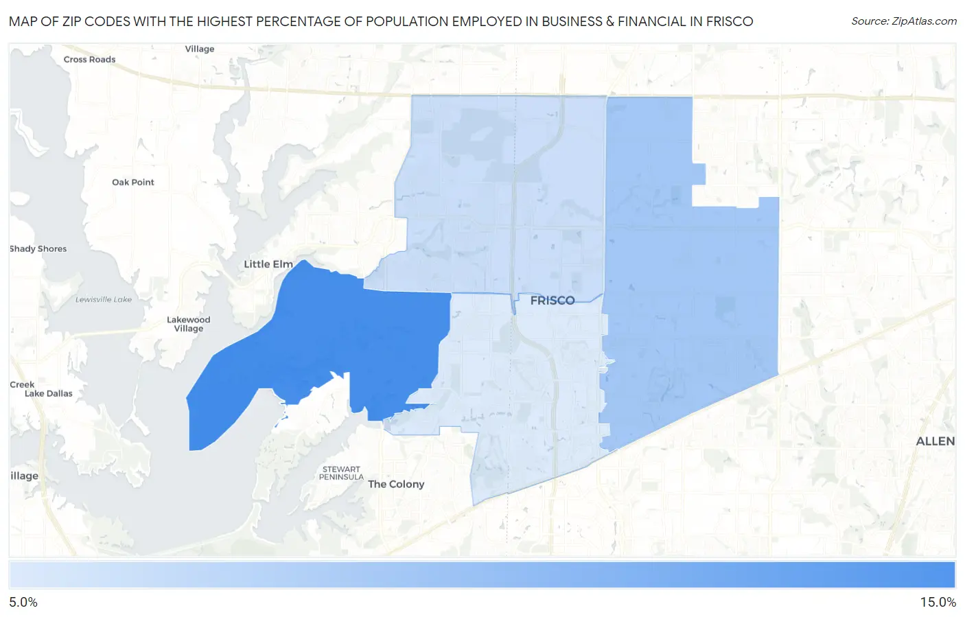Zip Codes with the Highest Percentage of Population Employed in Business & Financial in Frisco Map
