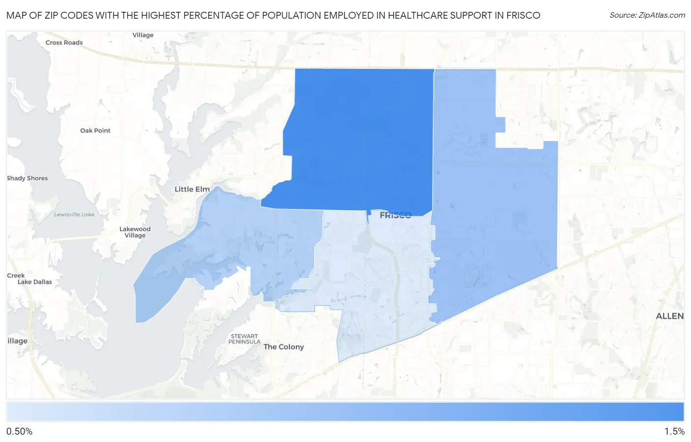 Zip Codes with the Highest Percentage of Population Employed in Healthcare Support in Frisco Map