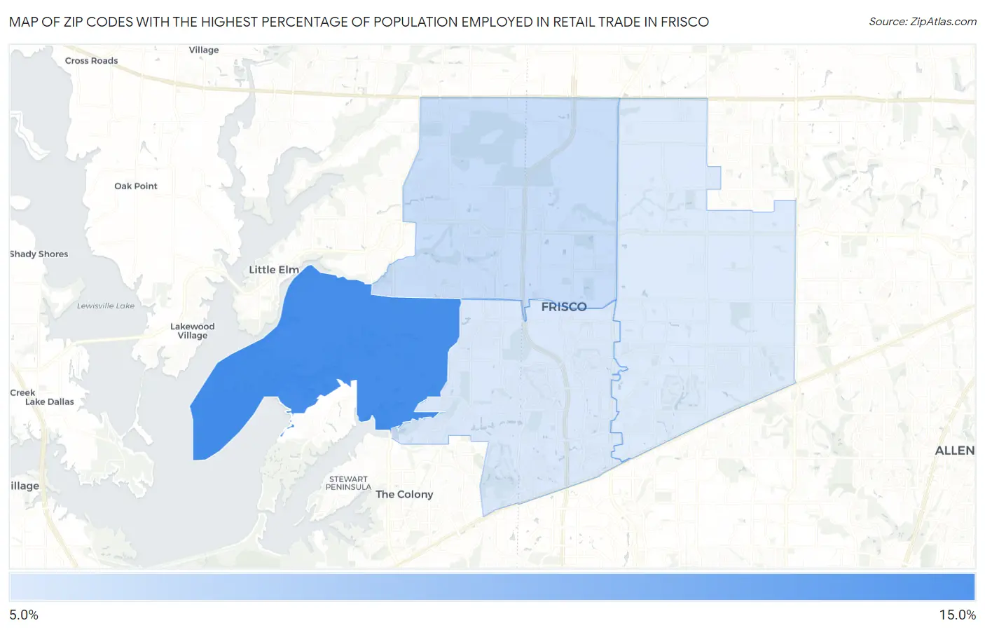 Zip Codes with the Highest Percentage of Population Employed in Retail Trade in Frisco Map