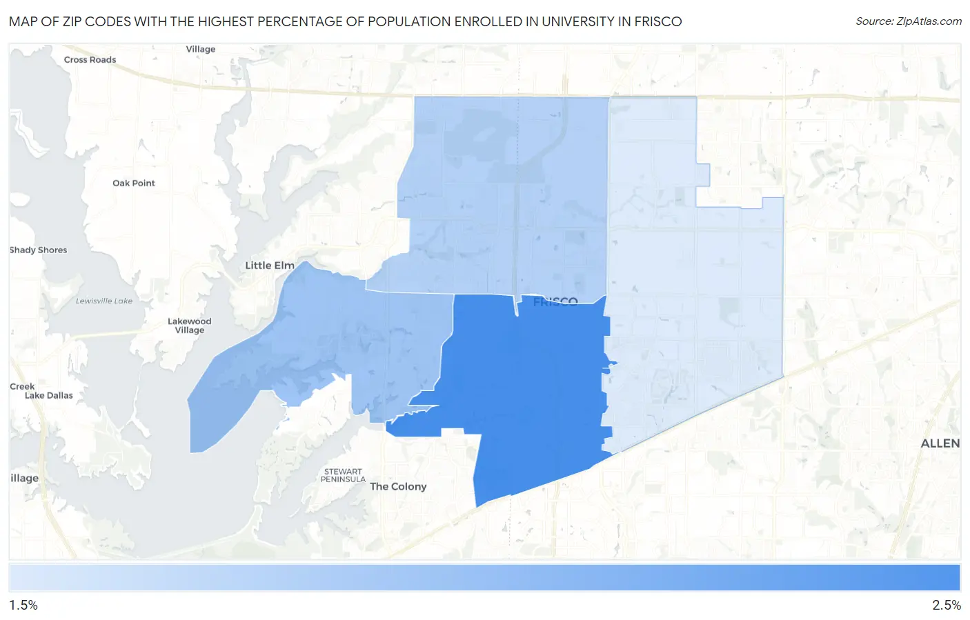 Zip Codes with the Highest Percentage of Population Enrolled in University in Frisco Map