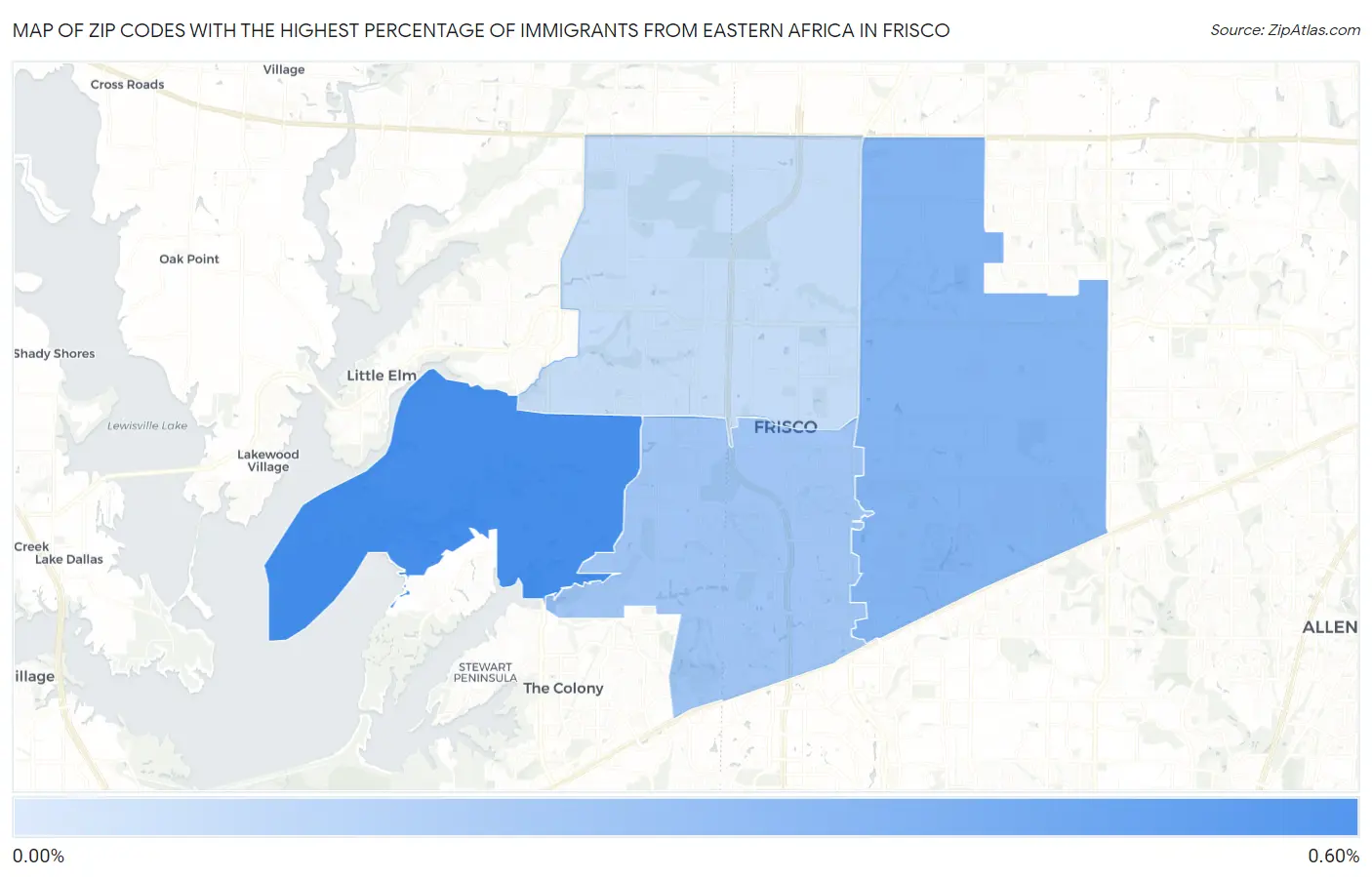 Zip Codes with the Highest Percentage of Immigrants from Eastern Africa in Frisco Map