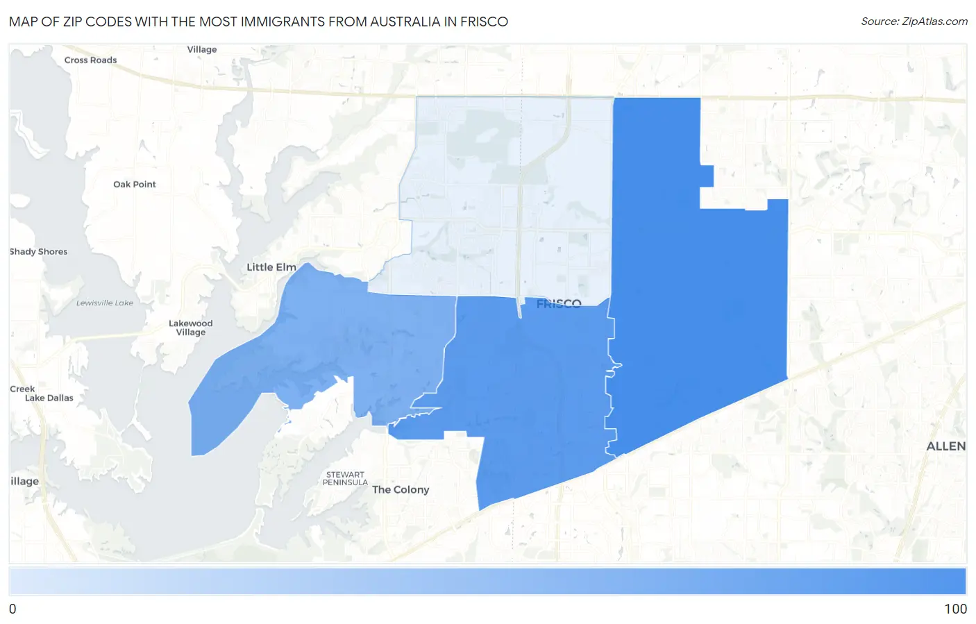 Zip Codes with the Most Immigrants from Australia in Frisco Map