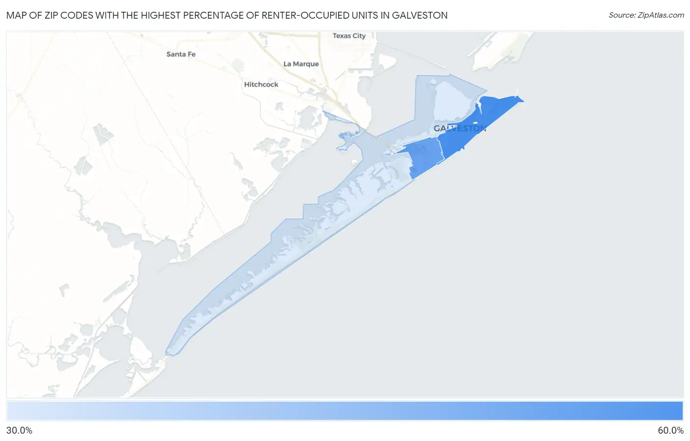 Zip Codes with the Highest Percentage of Renter-Occupied Units in Galveston Map
