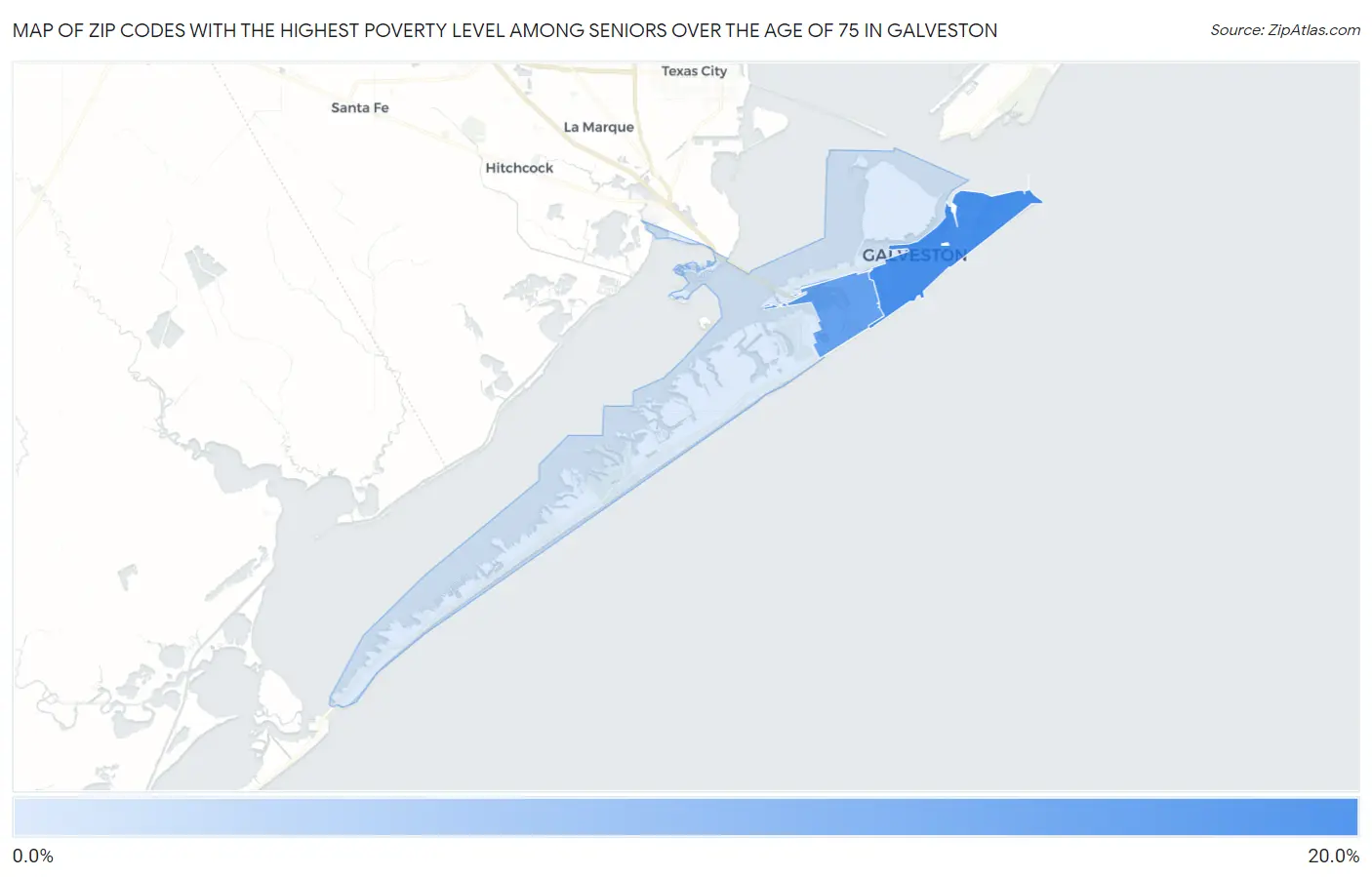Zip Codes with the Highest Poverty Level Among Seniors Over the Age of 75 in Galveston Map