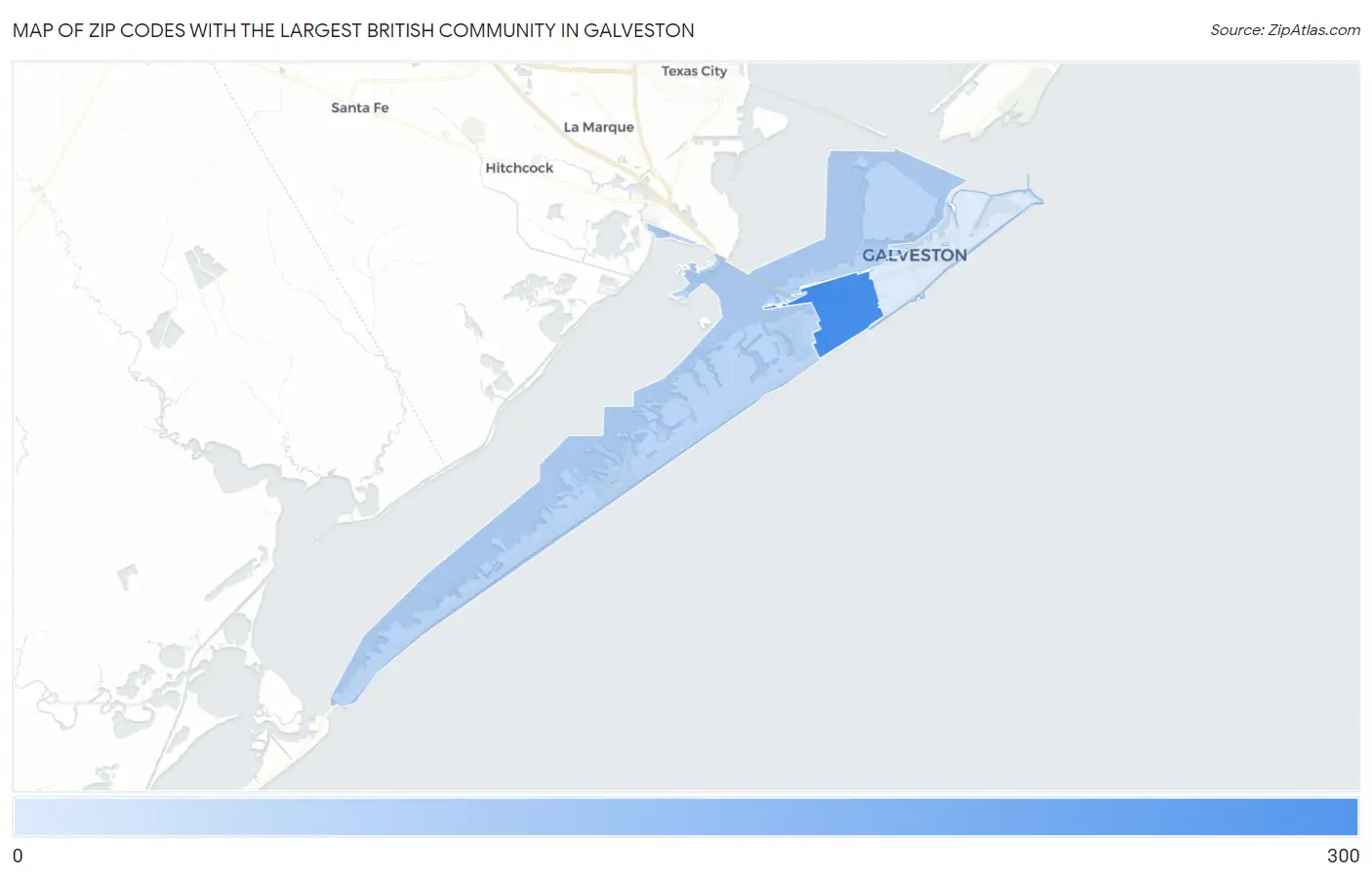 Zip Codes with the Largest British Community in Galveston Map