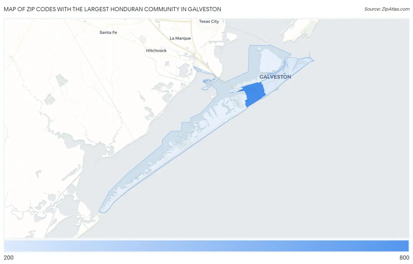 Zip Codes with the Largest Honduran Community in Galveston Map