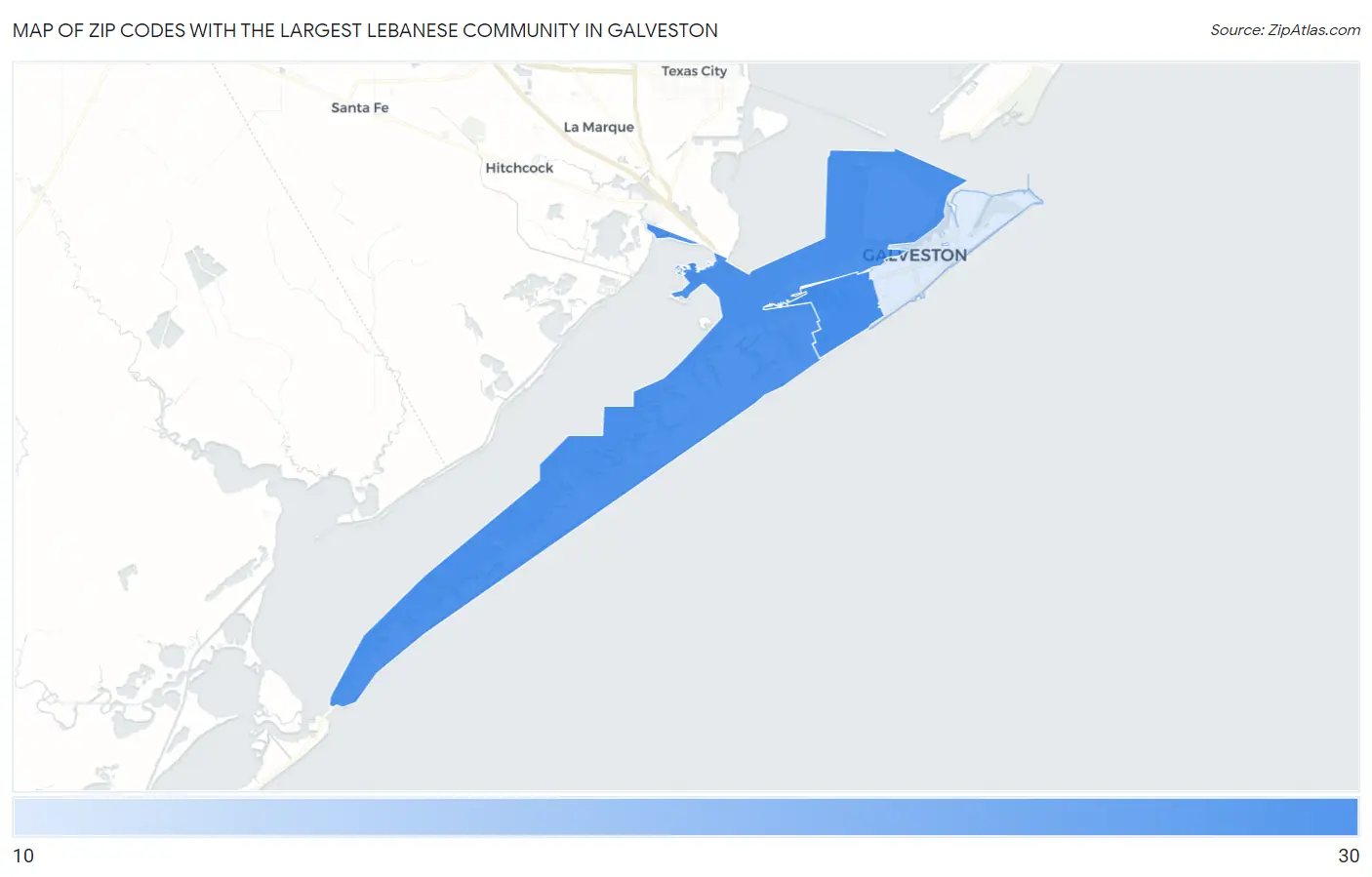 Zip Codes with the Largest Lebanese Community in Galveston Map