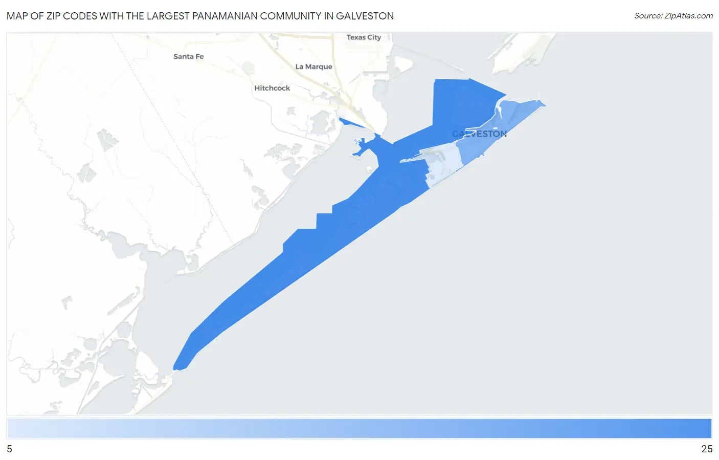 Zip Codes with the Largest Panamanian Community in Galveston Map