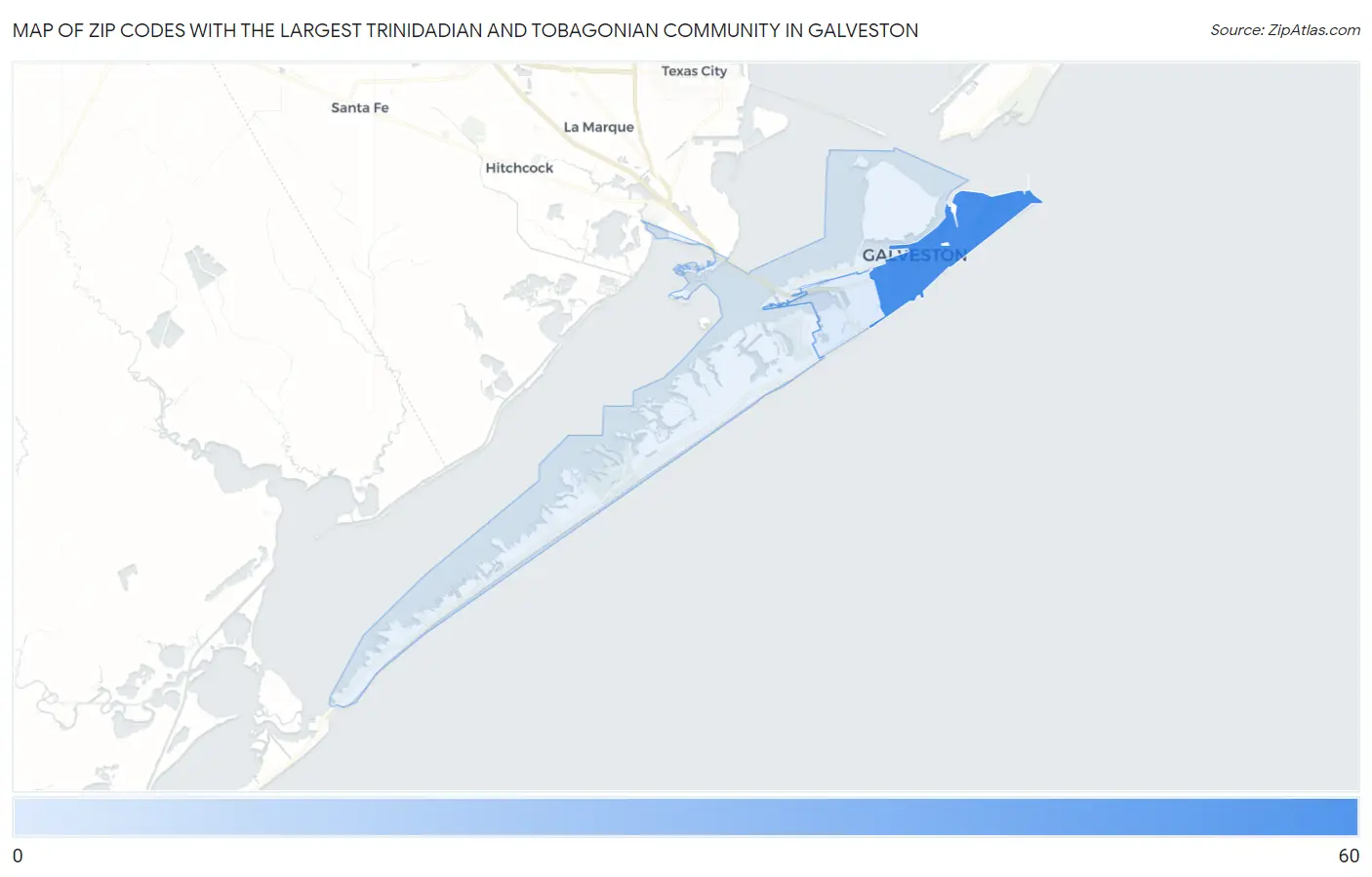 Zip Codes with the Largest Trinidadian and Tobagonian Community in Galveston Map