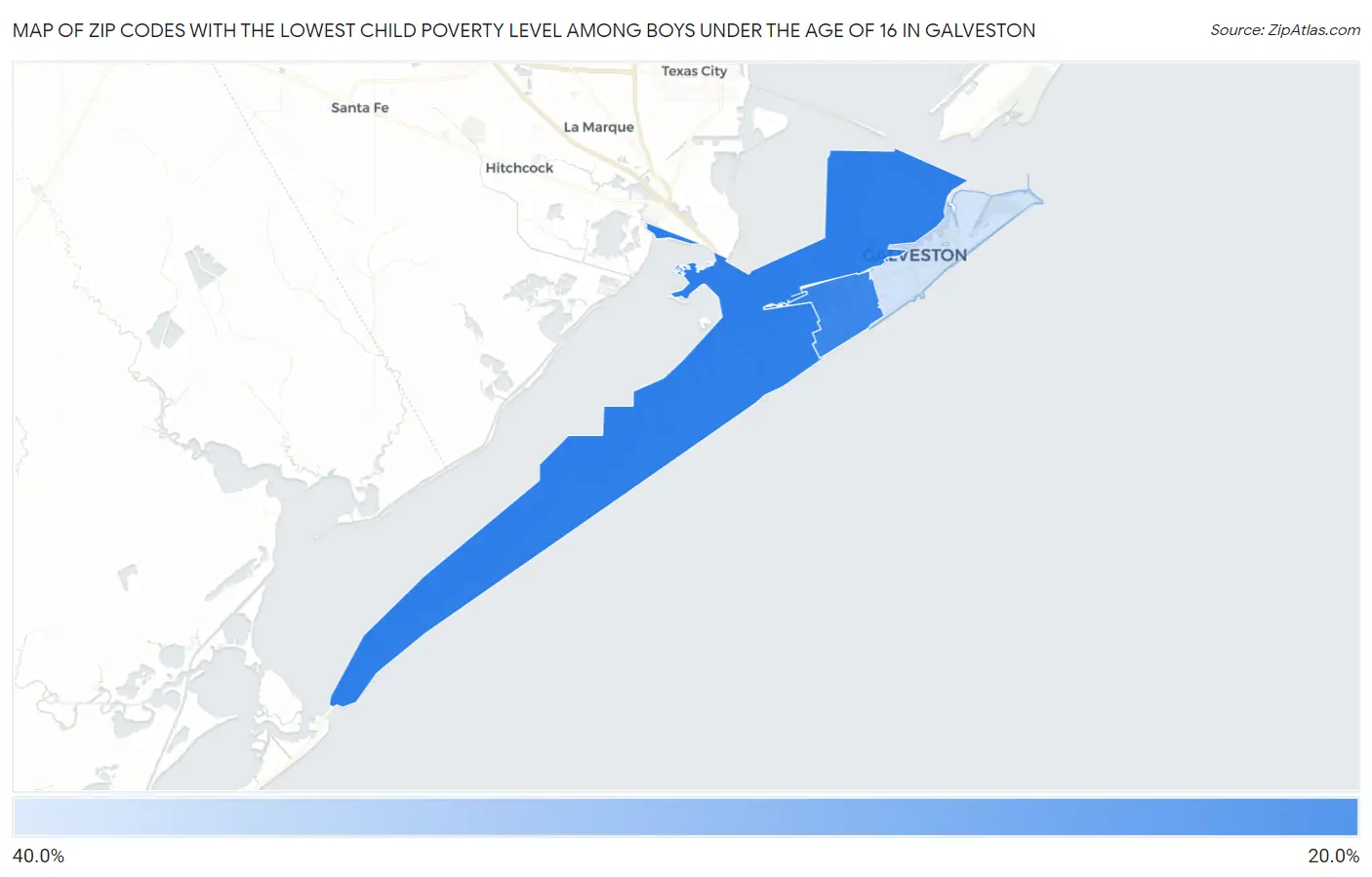 Zip Codes with the Lowest Child Poverty Level Among Boys Under the Age of 16 in Galveston Map