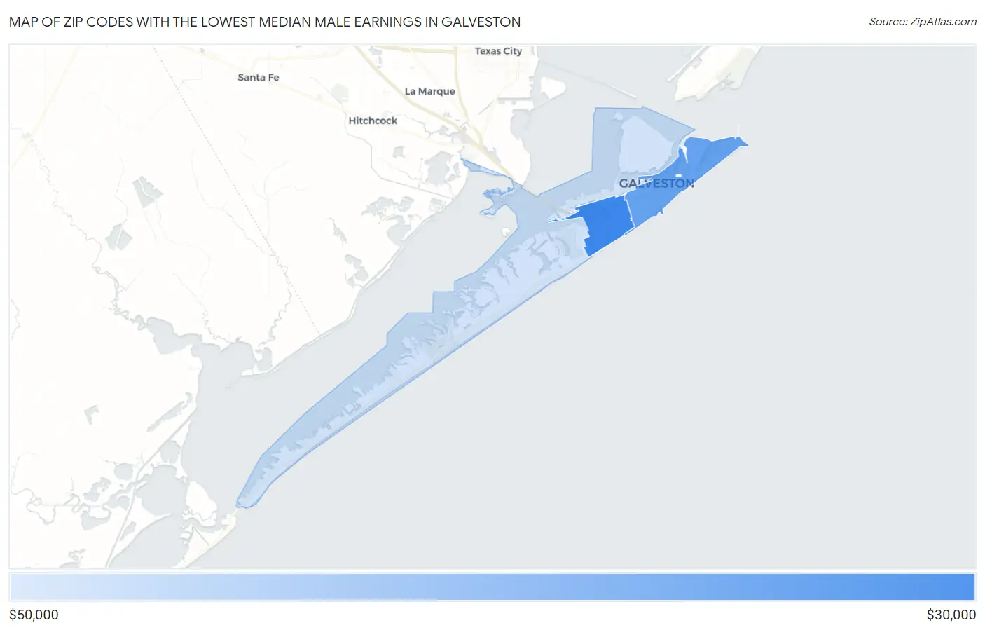 Zip Codes with the Lowest Median Male Earnings in Galveston Map