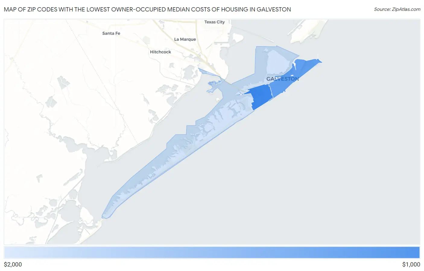Zip Codes with the Lowest Owner-Occupied Median Costs of Housing in Galveston Map