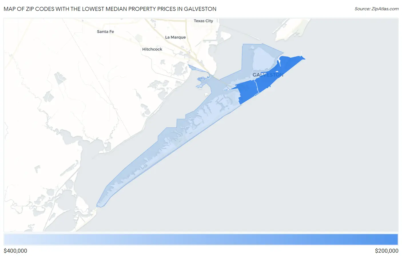 Zip Codes with the Lowest Median Property Prices in Galveston Map