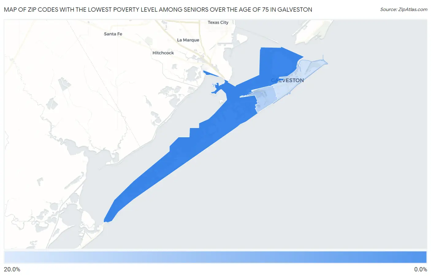 Zip Codes with the Lowest Poverty Level Among Seniors Over the Age of 75 in Galveston Map