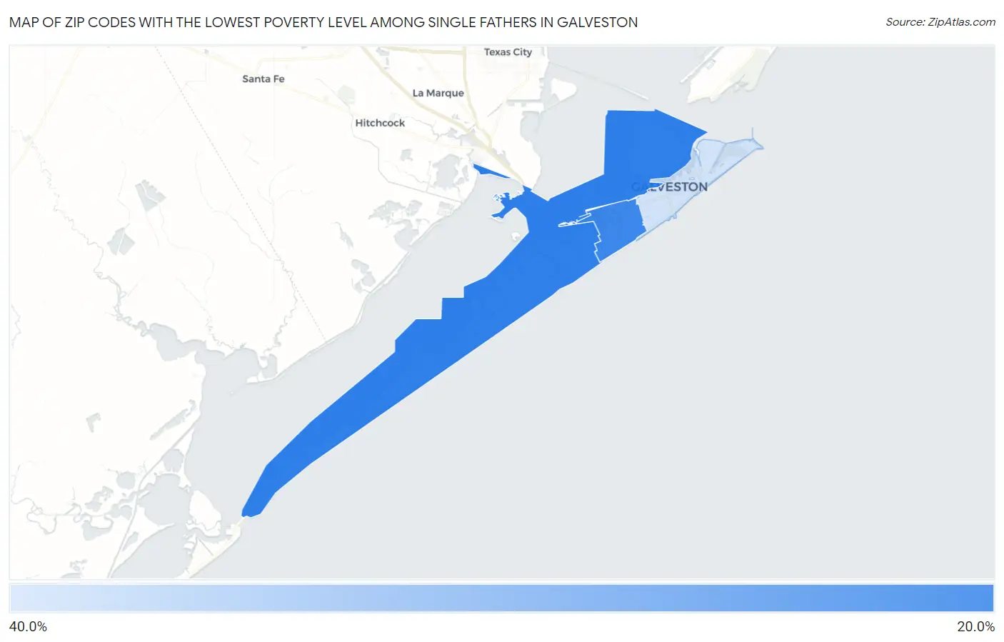 Zip Codes with the Lowest Poverty Level Among Single Fathers in Galveston Map