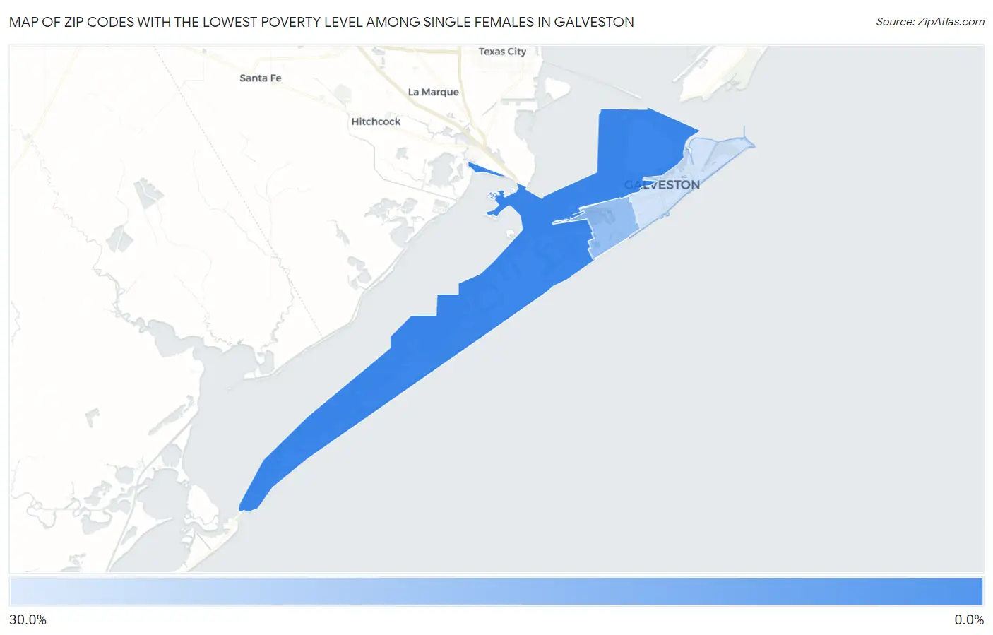 Zip Codes with the Lowest Poverty Level Among Single Females in Galveston Map