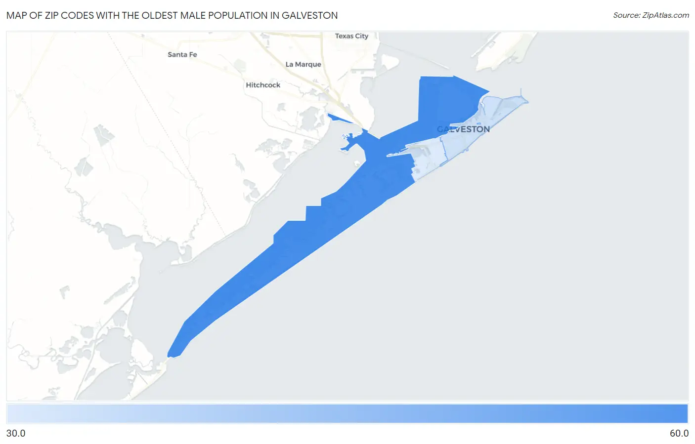 Zip Codes with the Oldest Male Population in Galveston Map