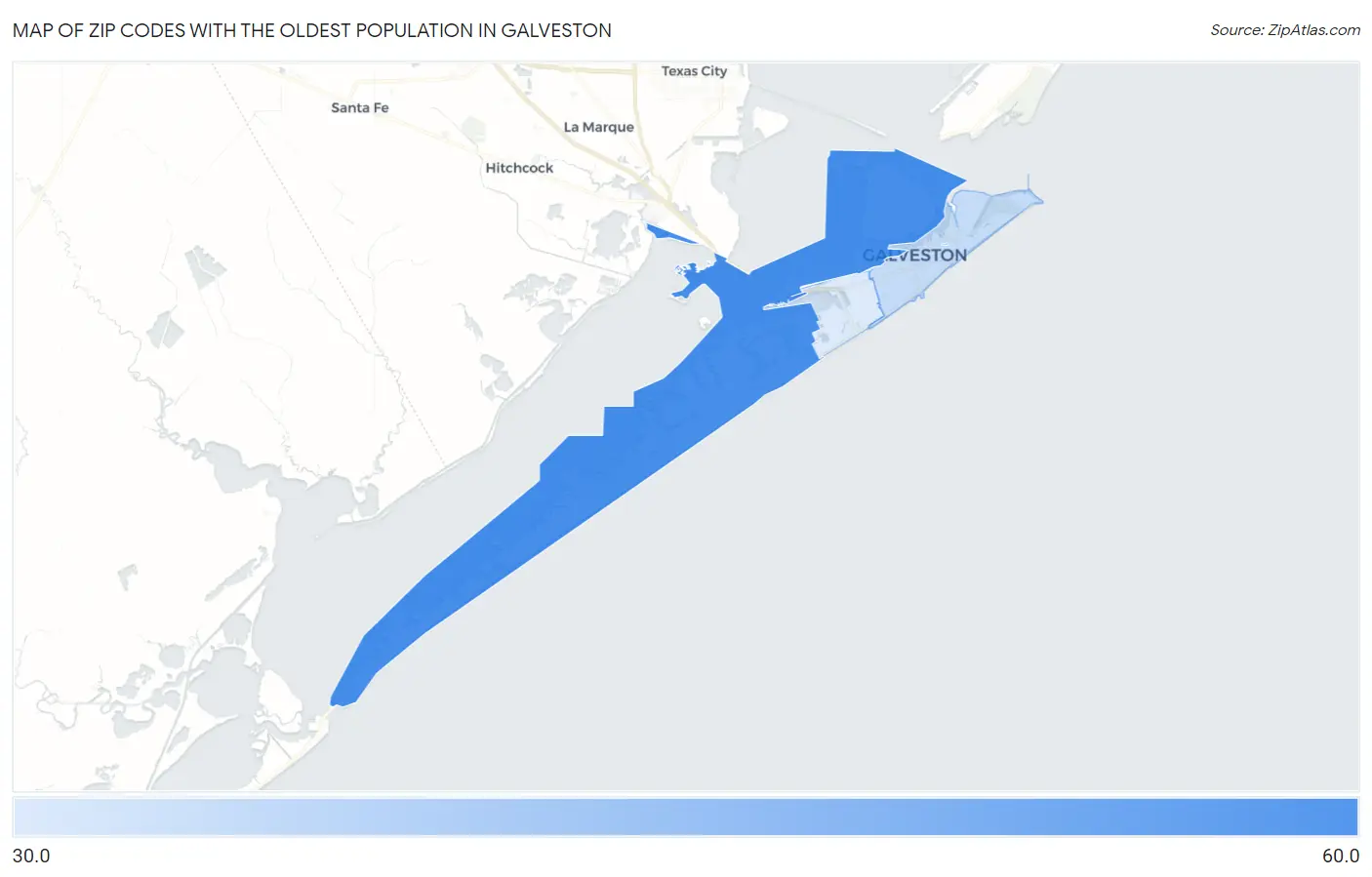 Zip Codes with the Oldest Population in Galveston Map