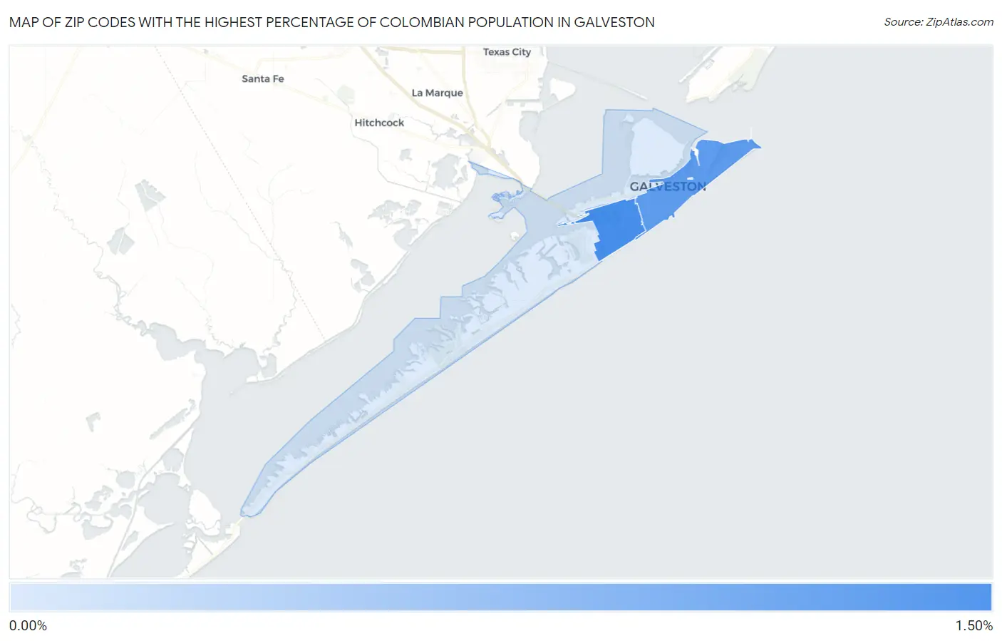 Zip Codes with the Highest Percentage of Colombian Population in Galveston Map
