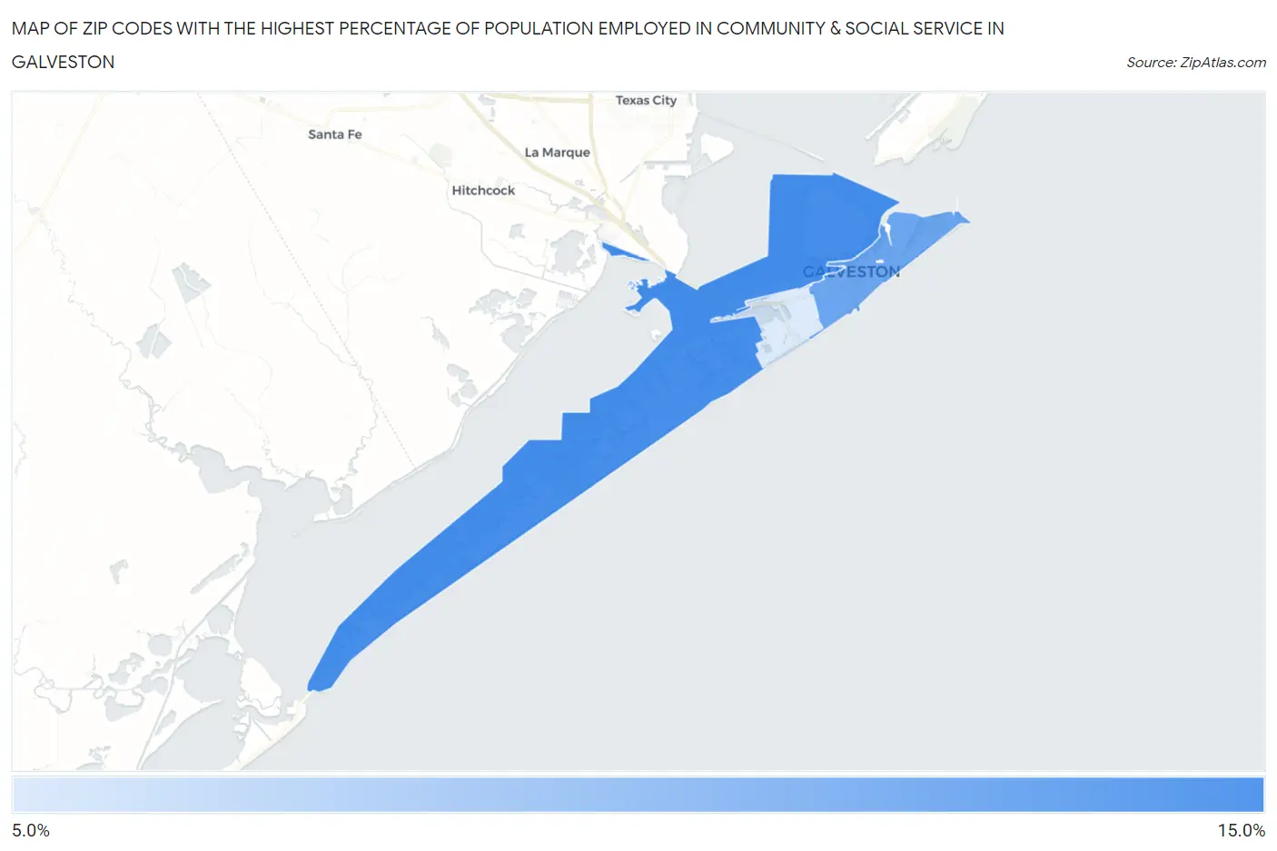 Zip Codes with the Highest Percentage of Population Employed in Community & Social Service  in Galveston Map