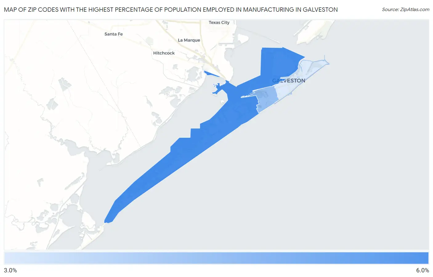 Zip Codes with the Highest Percentage of Population Employed in Manufacturing in Galveston Map