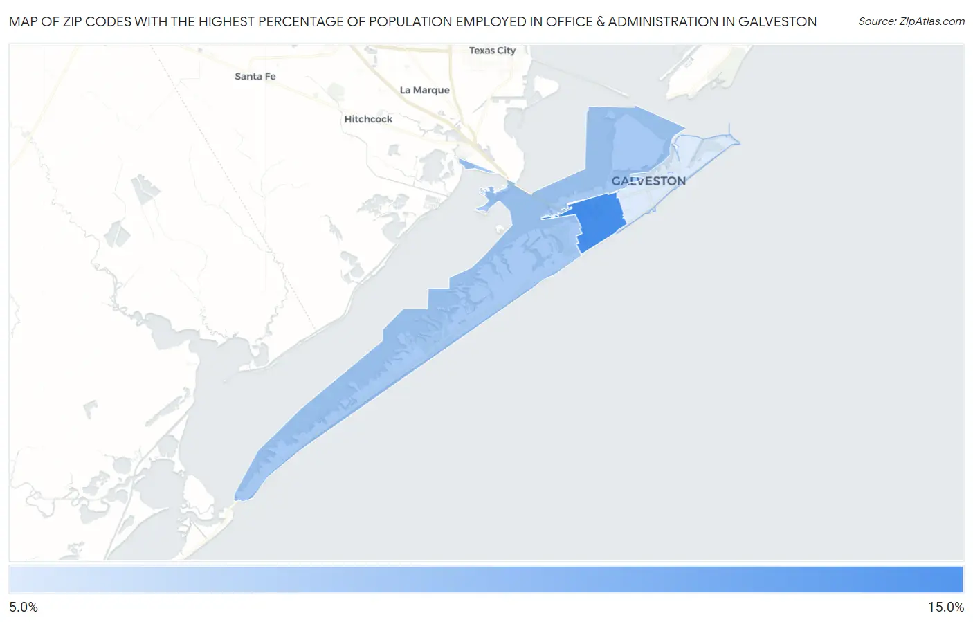 Zip Codes with the Highest Percentage of Population Employed in Office & Administration in Galveston Map