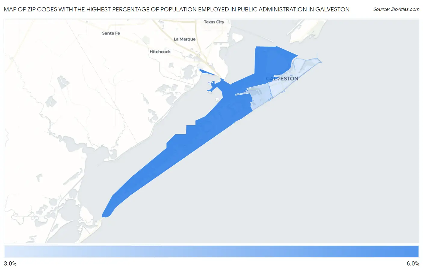 Zip Codes with the Highest Percentage of Population Employed in Public Administration in Galveston Map